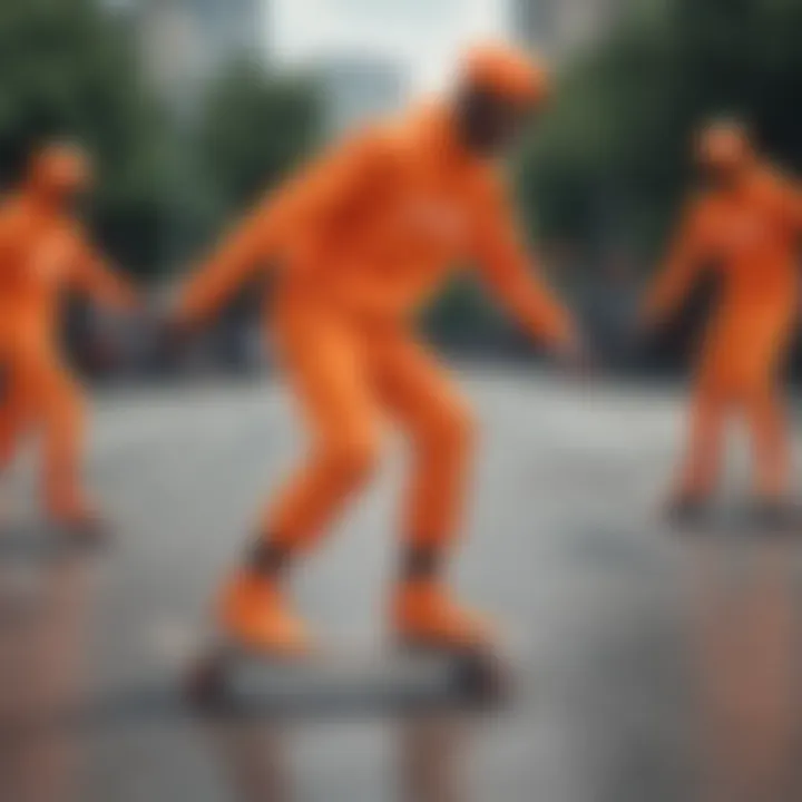 Group of skaters in neon orange outfits