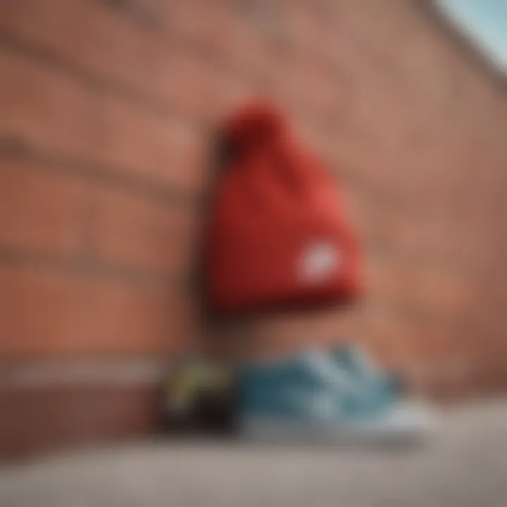 Skateboard resting against a wall next to a Nike beanie hat