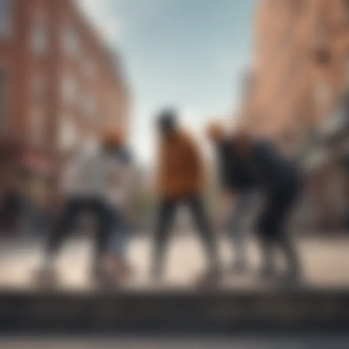 Group of skaters wearing Nike beanie hats in an urban environment