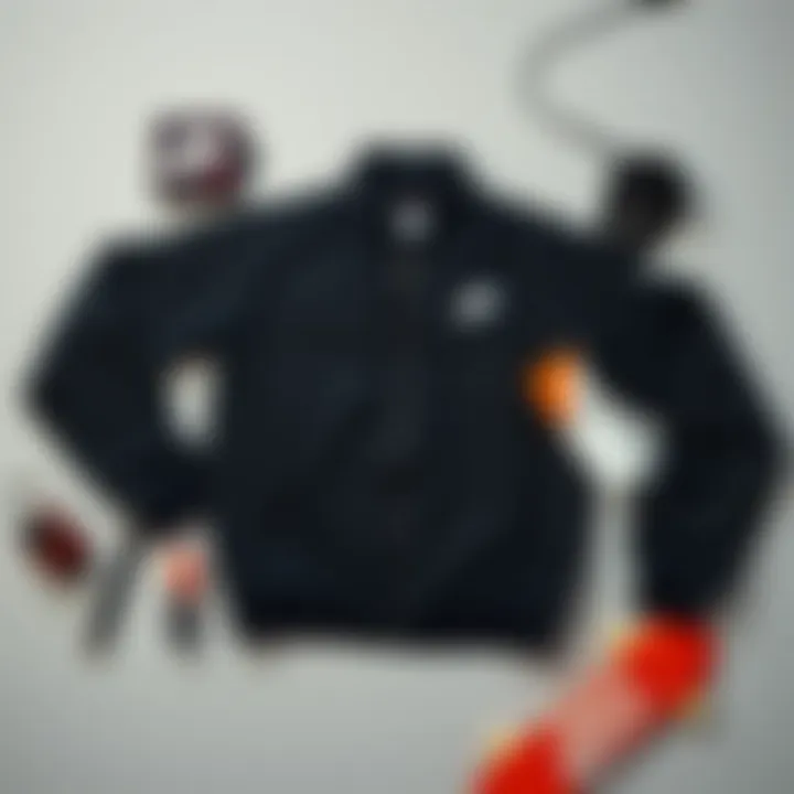 Flat lay of Nike Black Windbreaker with skate accessories.
