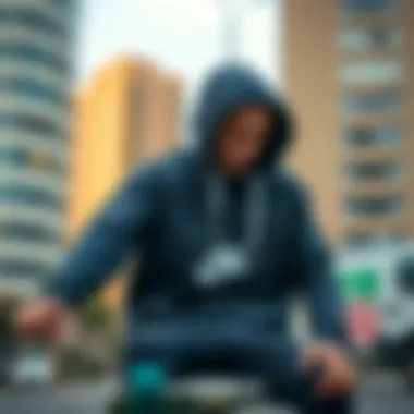 Skateboarder wearing the Nike fleece zipper hoodie in an urban setting