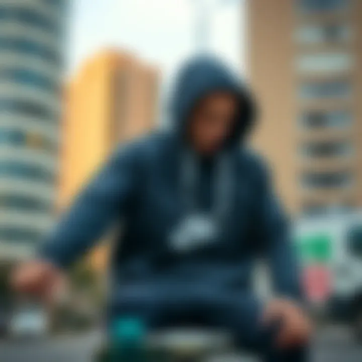 Skateboarder wearing the Nike fleece zipper hoodie in an urban setting