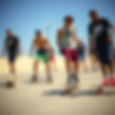 A diverse group of skateboarders wearing Nike long shorts during a session