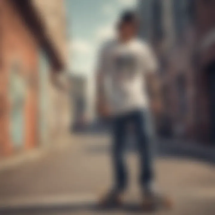 Skateboarder wearing a stylish graphic tee in urban setting