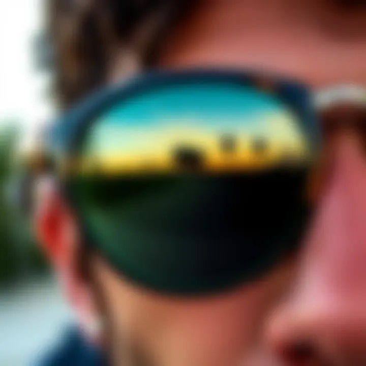 Close-up of PacSun sunglasses reflecting outdoor scenery