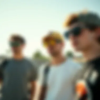 Group of friends wearing PacSun sunglasses at a skate park