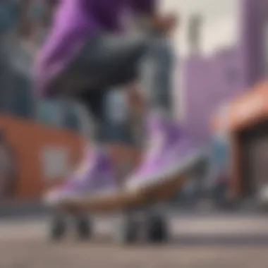 Dual Colors in Action: Skaters Embracing Style Skaters performing tricks while wearing purple and grey Vans
