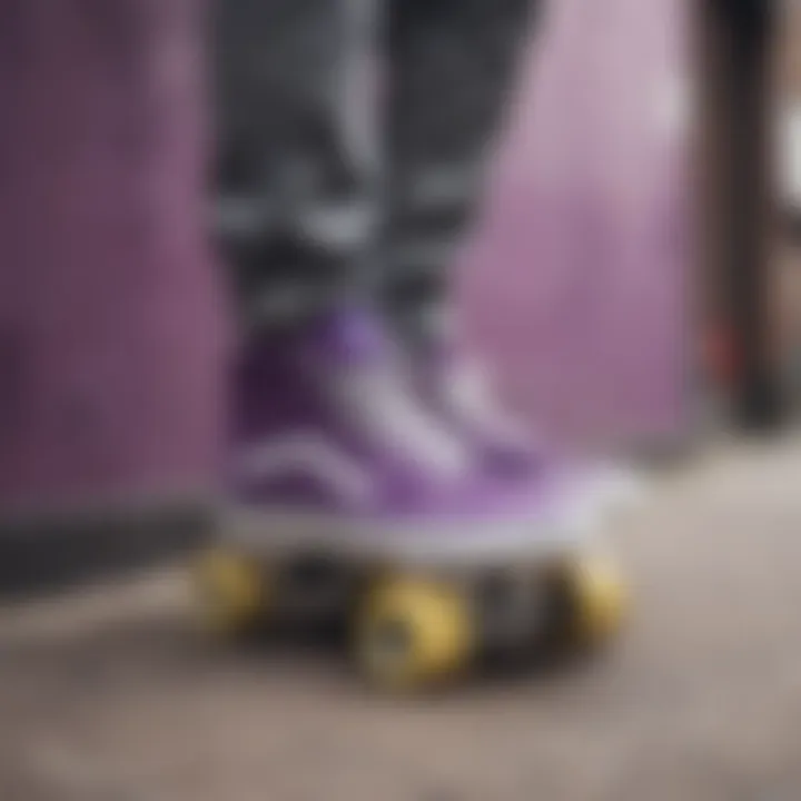 A stylish display of purple and grey Vans on a skateboard