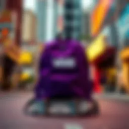 Stylish purple Vans backpack displayed against a vibrant urban backdrop