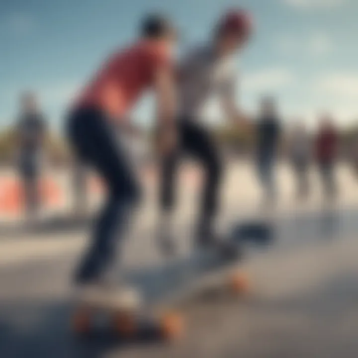 Group of skaters discussing their experiences with radar energy roller skate wheels at a skate park