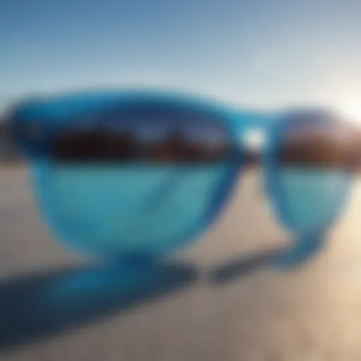 Close-up of Ray-Ban Blue sunglasses showcasing their unique blue lenses