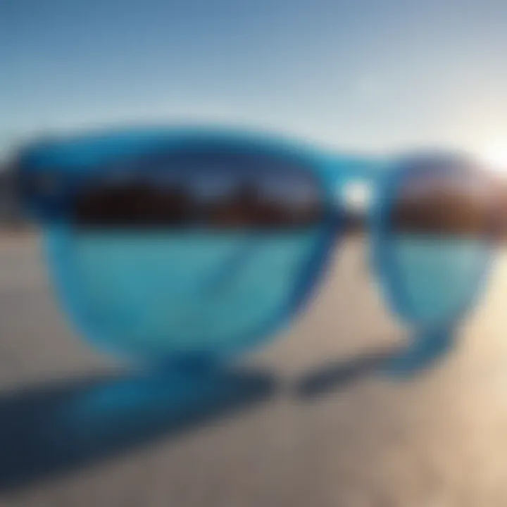 Close-up of Ray-Ban Blue sunglasses showcasing their unique blue lenses