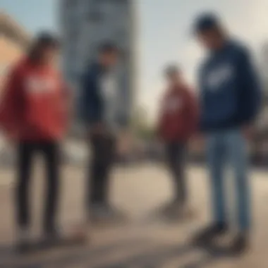 Community and Identity in Skate Culture A group of skaters engaging in a community event, wearing Real Skateboards sweatshirts