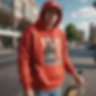 A skater wearing a Real Skateboards sweatshirt in an urban landscape