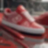 Close-up of red and white DC shoes showcasing intricate design details