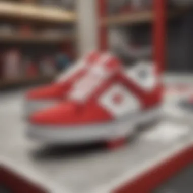 Variety of materials used in red and white DC shoes displayed artistically