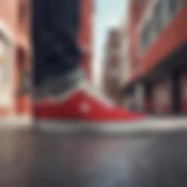 Stylish arrangement of red and white DC shoes against a vibrant urban background