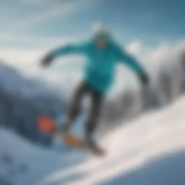 Snowboarder in Action on a Rick and Morty Board A snowboarder performing a trick on a Rick and Morty snowboard amidst a winter landscape.