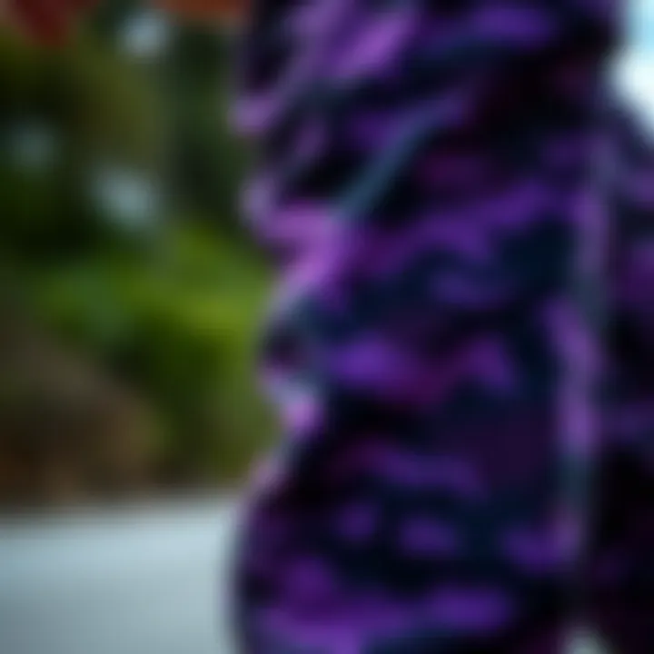 Close-up of Rothco purple camo pants showcasing unique fabric texture.