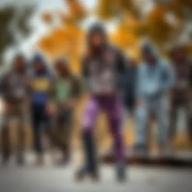 Group of skaters in various camo styles, highlighting Rothco purple camo pants.