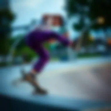 Skater wearing Rothco purple camo pants performing a trick.