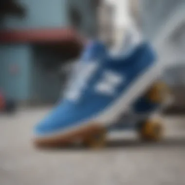 Close-up of New Balance Blue shoes alongside skateboarding accessories