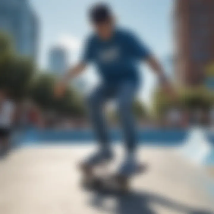 Skater showcasing New Balance Blue sneakers on a vibrant skate park background