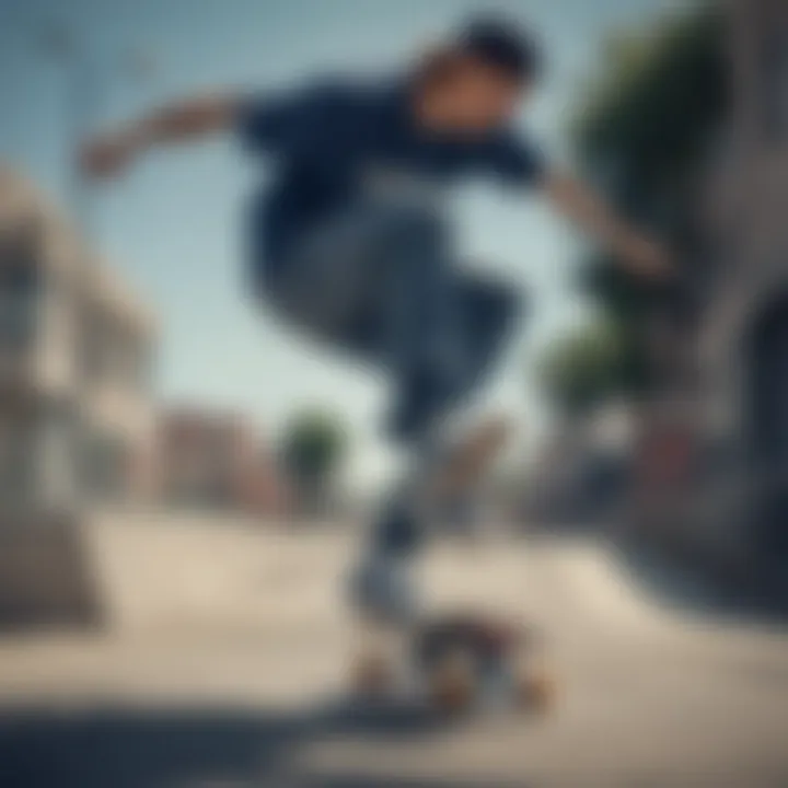 Dynamic shot of a skateboarder performing tricks wearing New Balance Blue