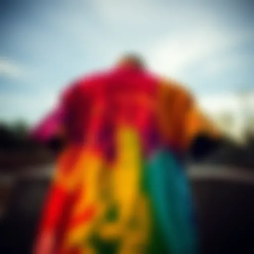 A vibrant peace-themed t-shirt showcased against a backdrop of a skate park.
