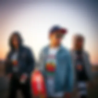 A group of skaters expressing individuality through unique fashion choices.