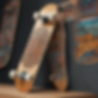 Artistic Skateboard Designs That Capture Local Culture A close-up shot of unique skateboard designs and artwork on display