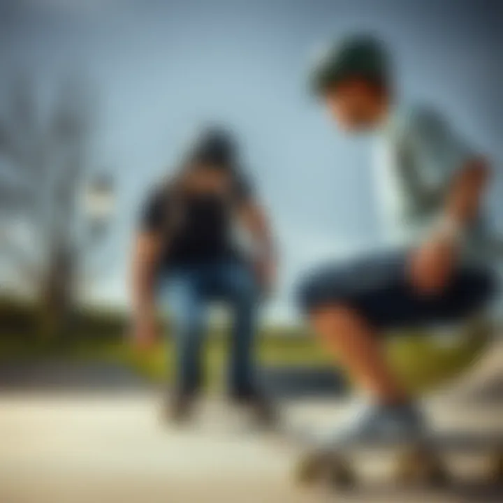 Expert instructor guiding a novice skateboarder on safety techniques