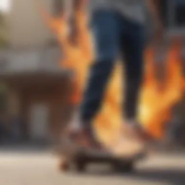 Skateboarder in Action with Flame-Accented Slip-Ons Skateboarder wearing Slip-On Vans with flame accents