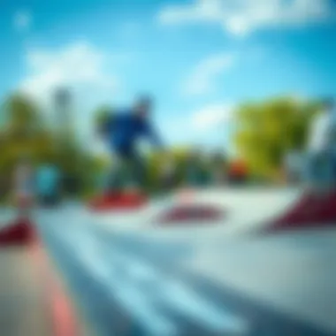 A vibrant skate park scene highlighting the social dynamics and culture surrounding square skate rails.