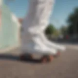 A close-up of white vans on a skateboarder's feet