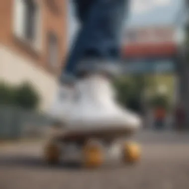 Iconic Skateboarding Gear Featuring White Vans A collection of iconic skateboarding gear with white vans