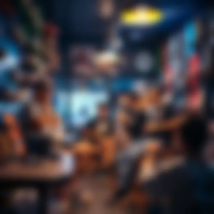 A cozy corner of a local skate shop with skaters chatting