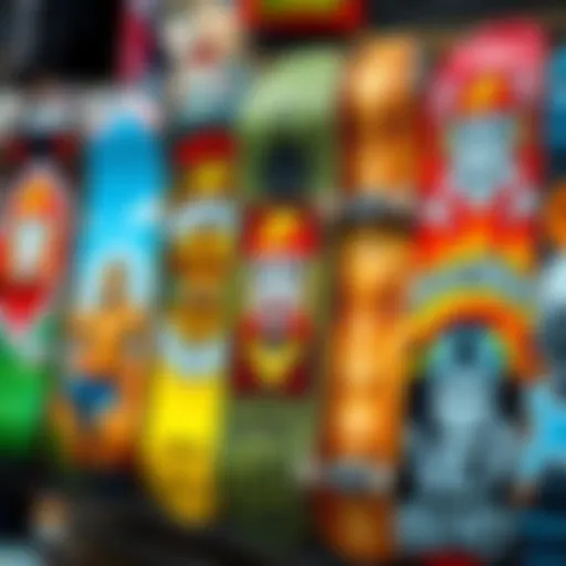 A vibrant skateboard deck display showcasing diverse designs
