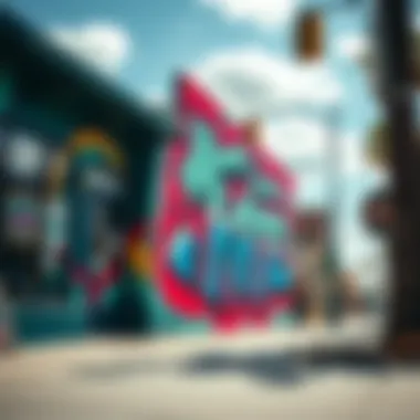 A colorful mural celebrating skate culture on a shop wall