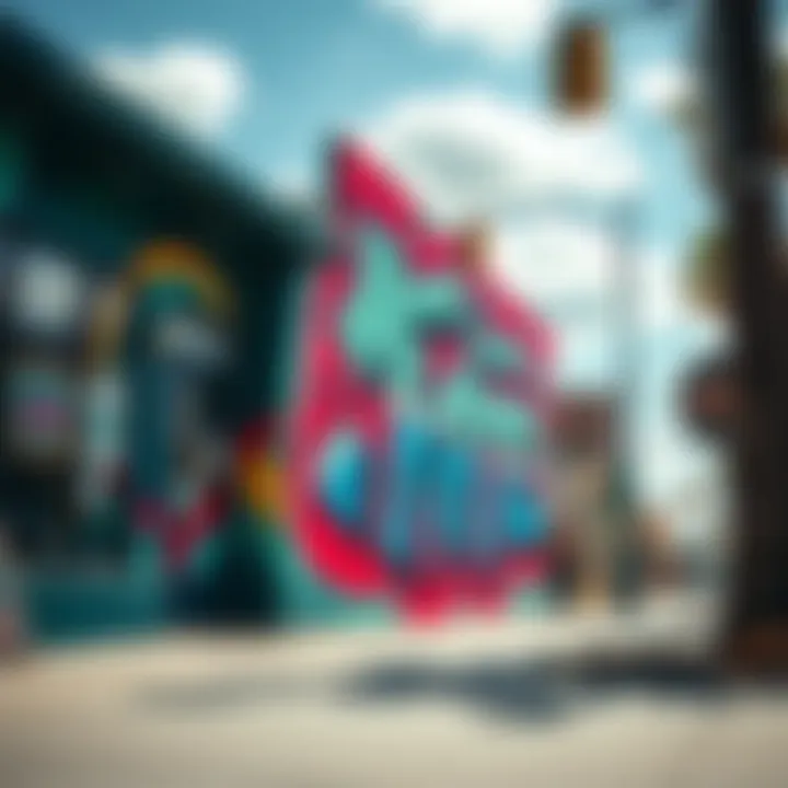 A colorful mural celebrating skate culture on a shop wall