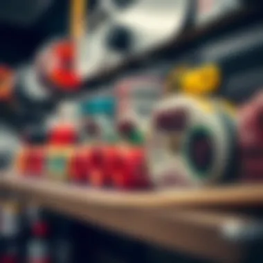 A selection of skateboard wheels and accessories on a shelf