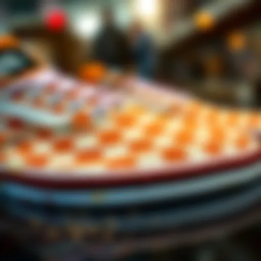 Close-up of tan and white checkered Vans showcasing iconic pattern