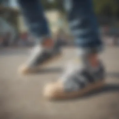 Group of friends showcasing their Adidas Superstar camouflage shoes at a skate park