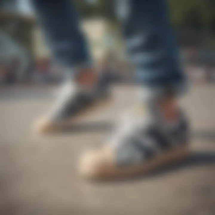 Group of friends showcasing their Adidas Superstar camouflage shoes at a skate park