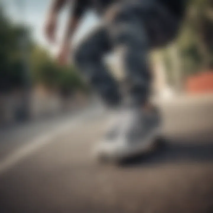 Skater performing a trick while wearing Adidas Superstar camouflage shoes