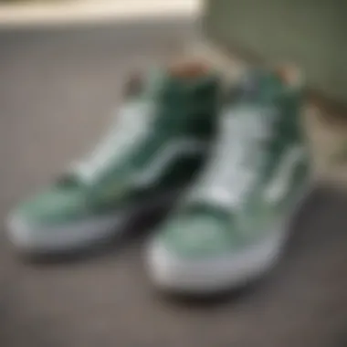 Close-up of the intricate design details on green Vans high tops