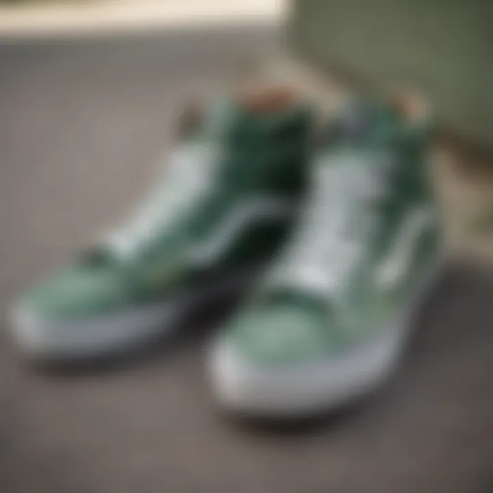 Close-up of the intricate design details on green Vans high tops