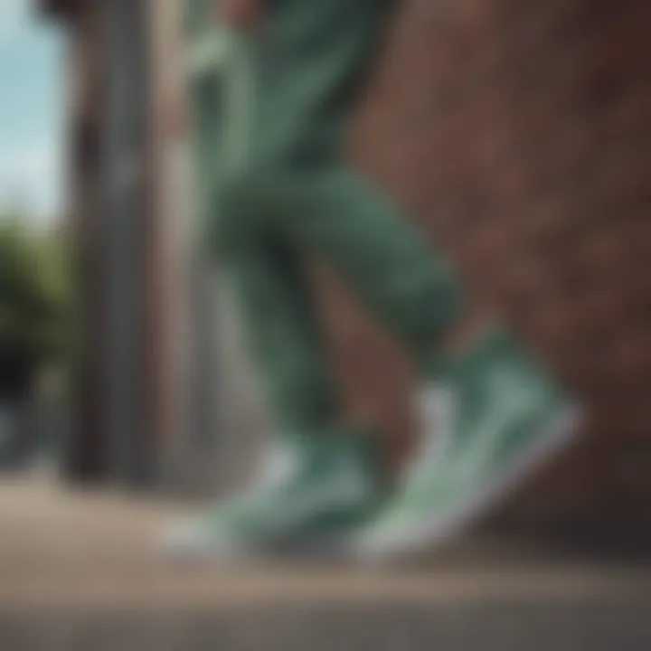 Fashionable individual showcasing green Vans high tops in a trendy outfit