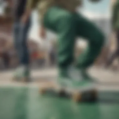 Group of skateboarders wearing diverse styles of green Vans high tops in action