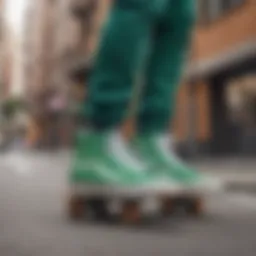 Vibrant green Vans high top sneakers on a skateboard in a urban setting